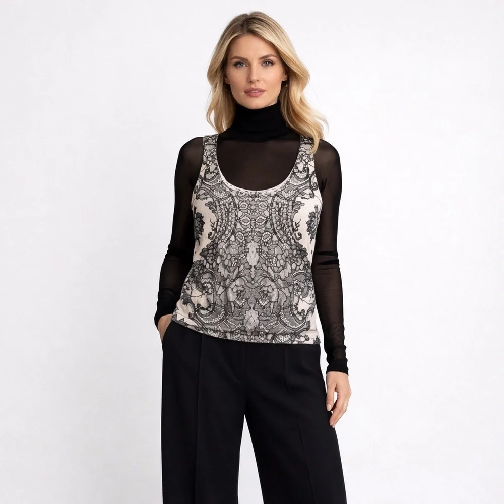Neiman Marcus Cashmere Black and Cream Lace Design Top - Picture 1 of 8